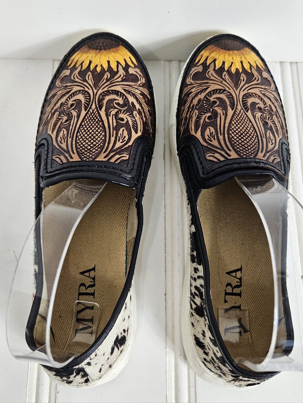 Myra Nehard Sneakers 8 Hand Tooled Leather Cowhide Sunflower Western Brown Black - Picture 7 of 16